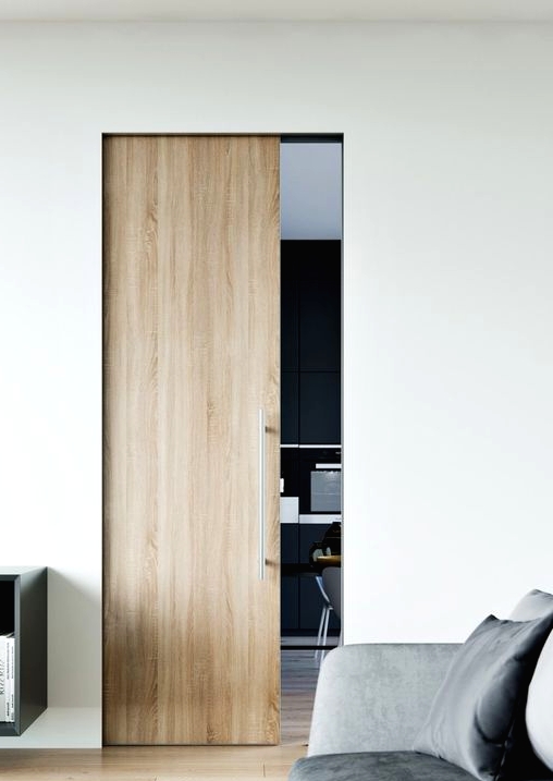 a small light-stained pocket door with sleek and long handle is a stylish way to separate the spaces ina contemporary home