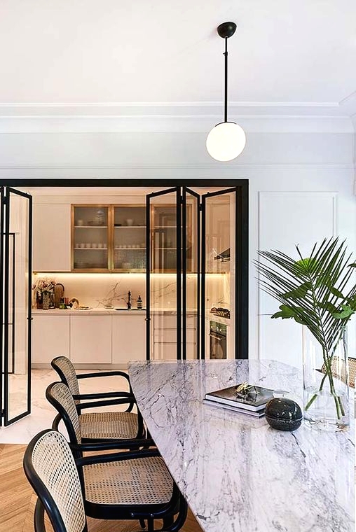 black metal frame and glass folding doors to separate the kitchen with no windows from the rest of the house and give it enough light