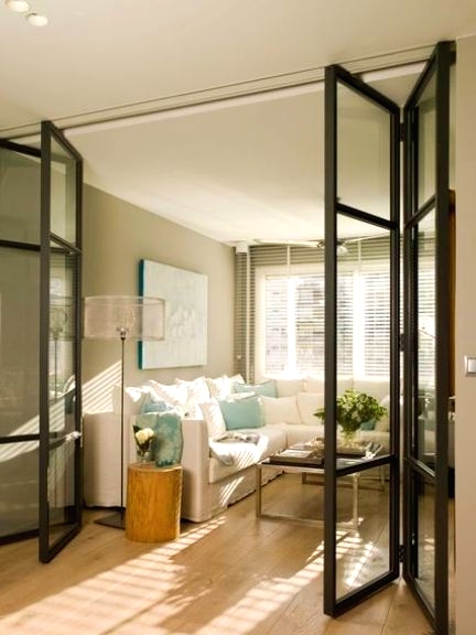 glass folding doors with black framing will separate the spaces and will still let natural light go in and out