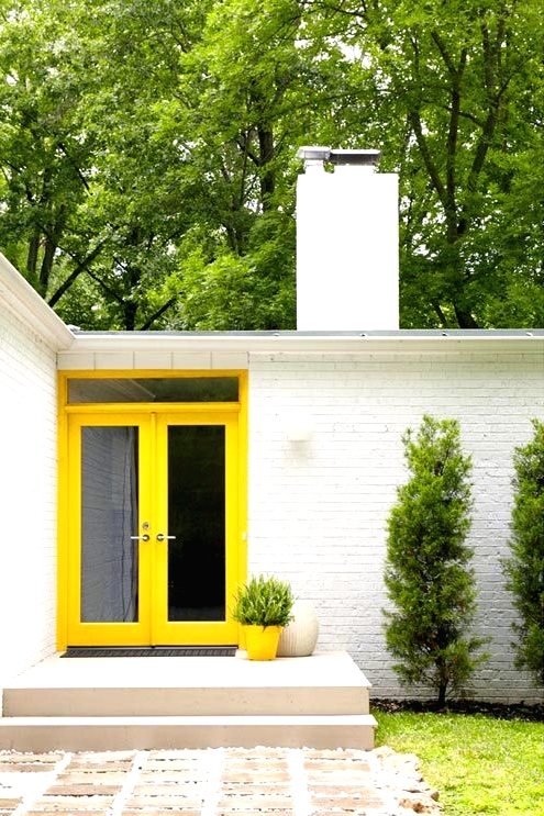 yellow glass front doors plus a yellow planter with greenery is a gorgeous idea to make the entrance of a modern house bold and cool