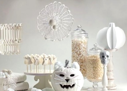 a white Halloween sweets table with a skull, a jack-o-lantern, various candies, sweets and sugar bones