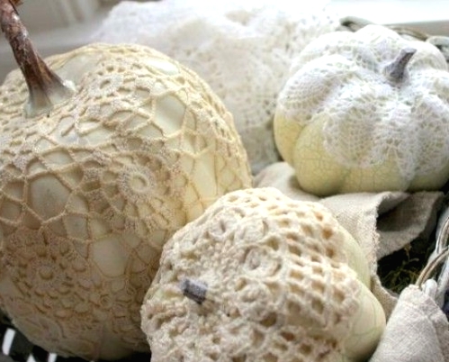 white pumpkins covered with lace are chic decorations for fall or Halloween and will do for Thanksgiving, too
