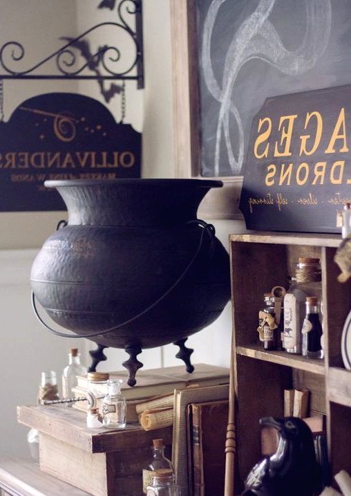 lovely vintage Halloween decor inspired by Harry Potter books with a wooden shelf, bottles and a bird, a witch's cauldron, some signs