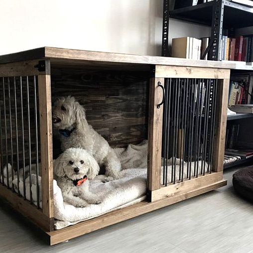 a cozy stained dog crate with a sliding door and mattresses for two dogs is a lovely idea for a rustic room