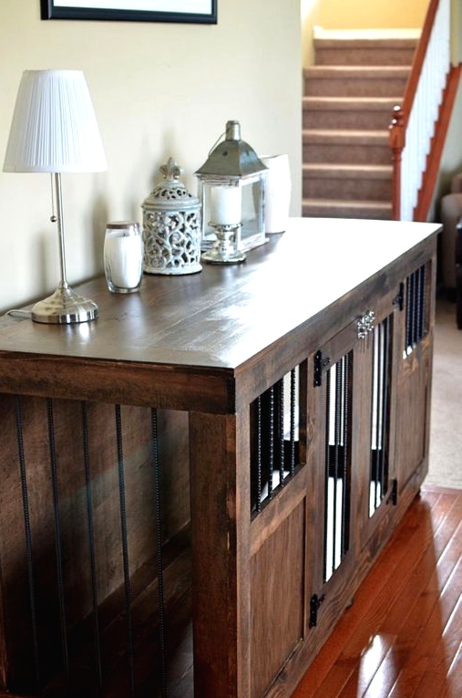 a dark-stained rustic dog kennel doubles as a console table is a lovely idea for a truly rustic room