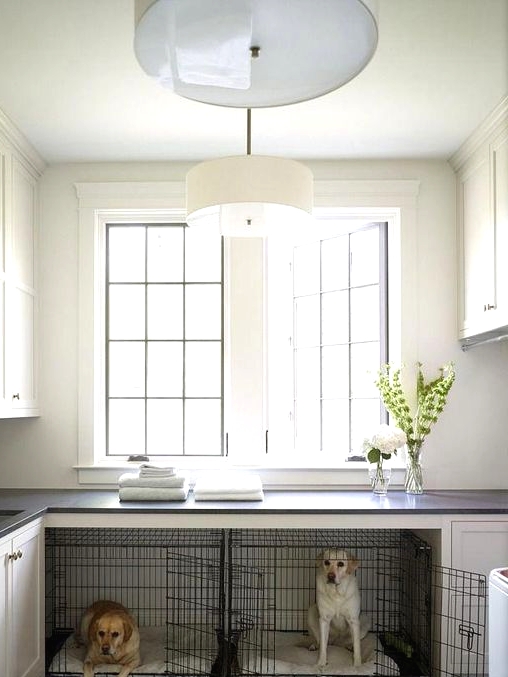 a neutral laundry room with two cabinets turned into a double dog crate with neutral mattresses is a very cool and fresh idea