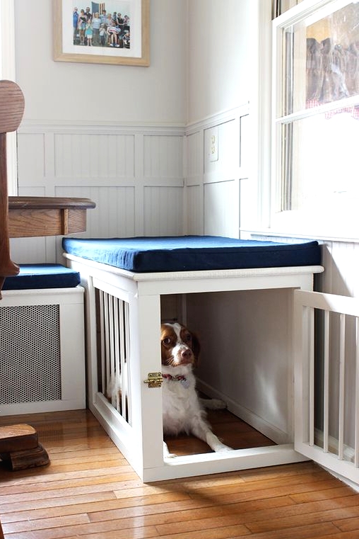 a small and cool dog crate with a cushion on top to use it as a daybed or as an additional seat is a lovely solution