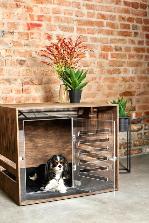 an ultra-modern dog crate of plywood and with a sheer acryl front and a door to make it look more lightweight