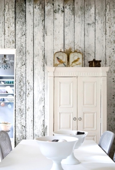 a stylish vintage whitewashed storage unit is a cool and chic idea for a vintage or shabby chic dining space like this one