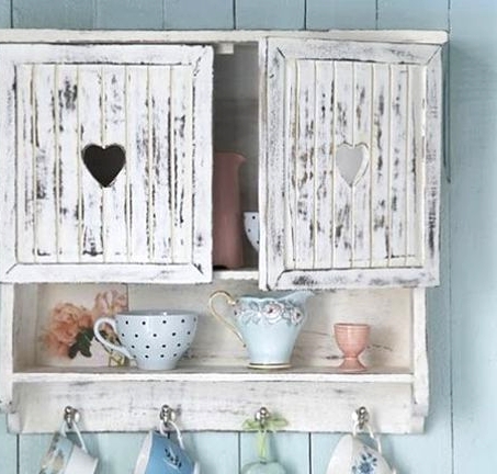 a vintage planked whitewashed cabinet with a closed and an open shelf is a lovely idea for a shabby chic kitchen and won't take much space