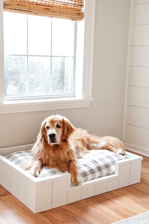 a stylish rustic dog bed of white planks, with a grey plaid cushion is a lovely and stylish idea for a rustic interior