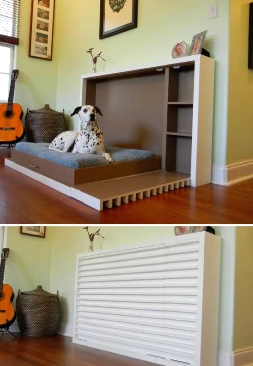 a retractable dog bed, an alternative to a human murphy bed, is a cool and creative idea for a small home