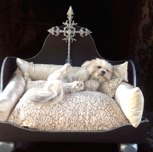 a refined dark dog bed with a cross, a printed cushion and lots of pillows plus silver legs for a little princess