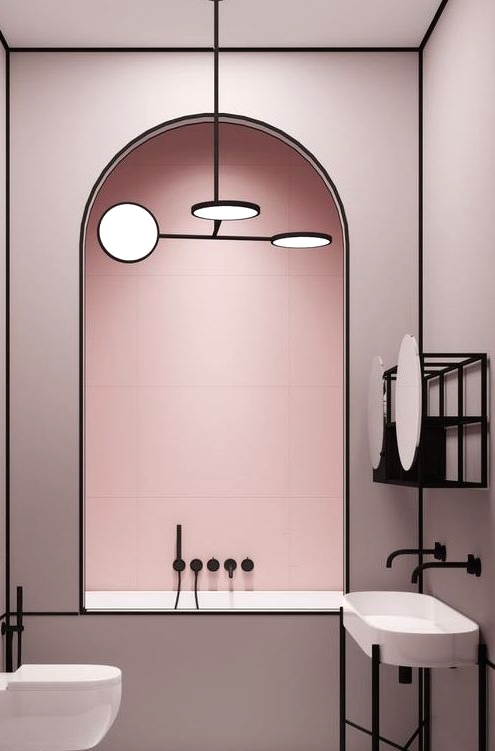 a chic modern light pink bathroom accented with matte black edges and lines looks very elegant and very bold