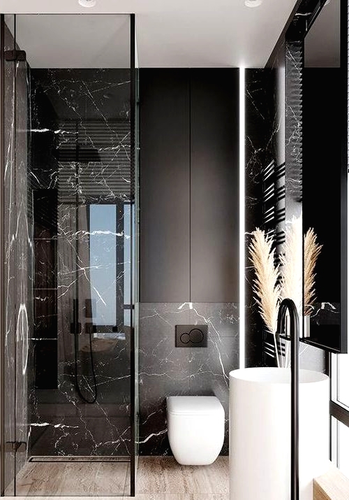 a refined minimalist bathroom with black marble tiles, black matte surfaces and white appliances for a bold look