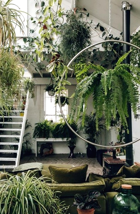 a super biophilic space with lots of greenery everywhere and natural fabrics for upholstery - this room looks like jungle