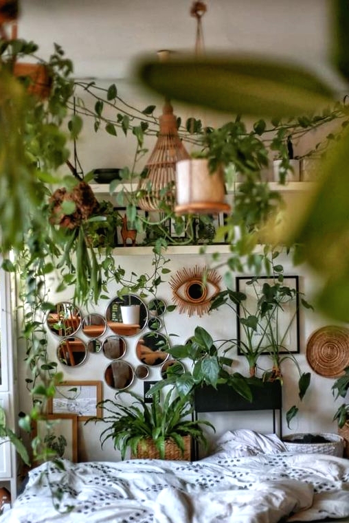 a boho bedroom turned into a real jungle with lots of potted plants all over the space looks wow