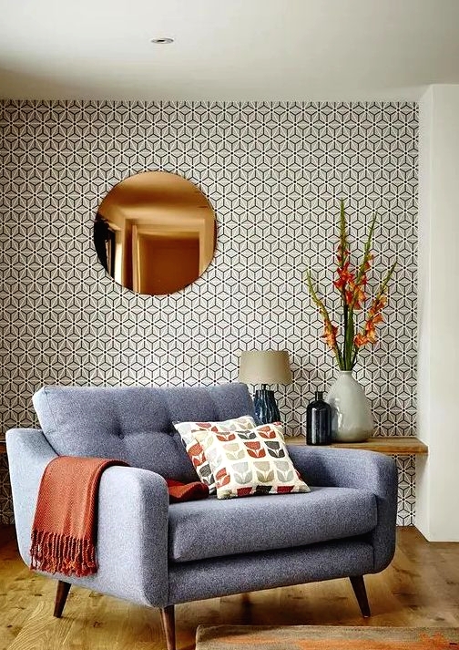 classic geometric print wallpaper is ideal for a mid-century modern living room and adds interest to it