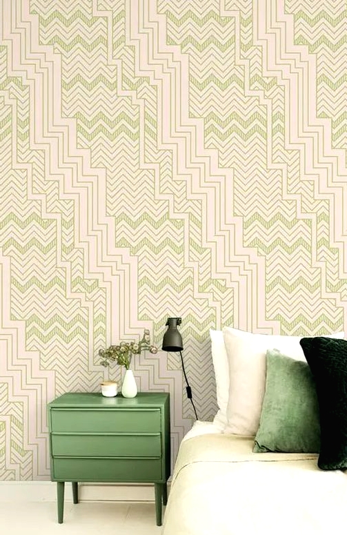 such beautiful green geo printed wallpaper will add a bit of pattern to the space and make it look chic and beautiful