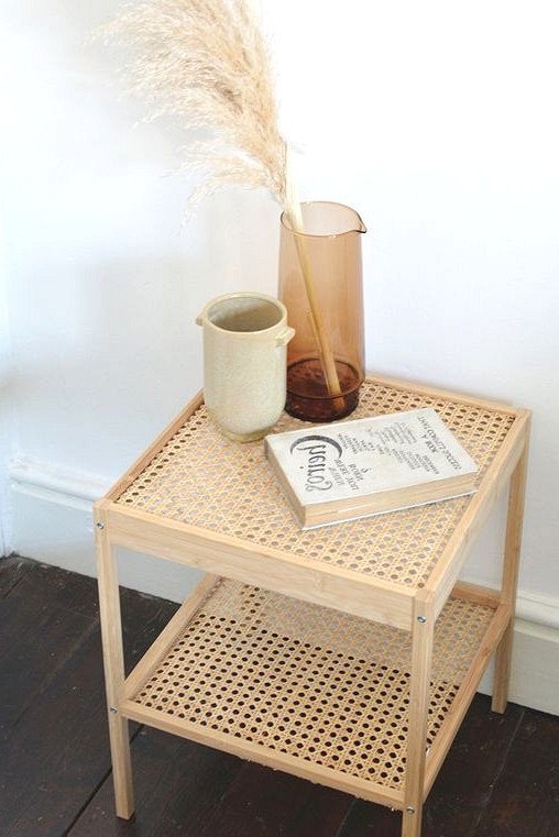 IKEA hack turns a boring side table into a boho chic bedside table.