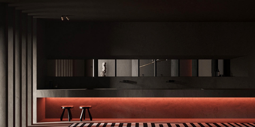 Spacious Darkish Interiors With Ruby Pink Accents
